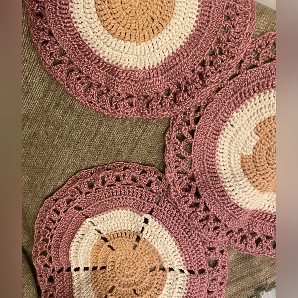Lot of 3 NEW Rose Blush Tan and Cream 13” round Crochet Placemat Doily handmade